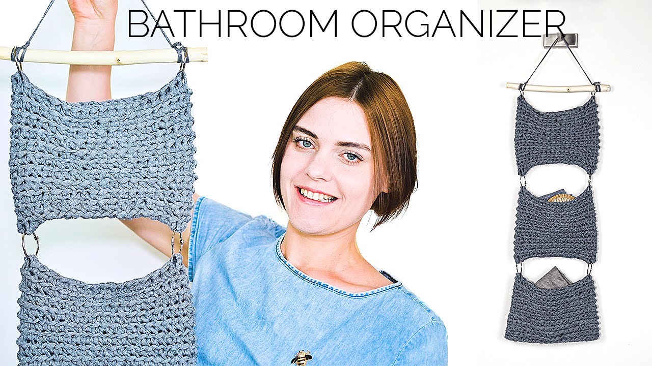 Crochet Hanging Bathroom Organizer with Wooden Stick