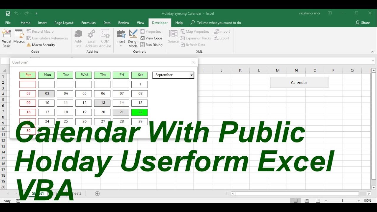 Calendar With Public Holiday Userform Excel VBA