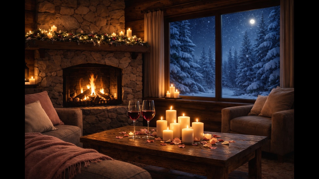 Romantic Winter Cabin Ambience 🌹 Cozy Fireplace & Soft Jazz | Valentine’s Night 4K