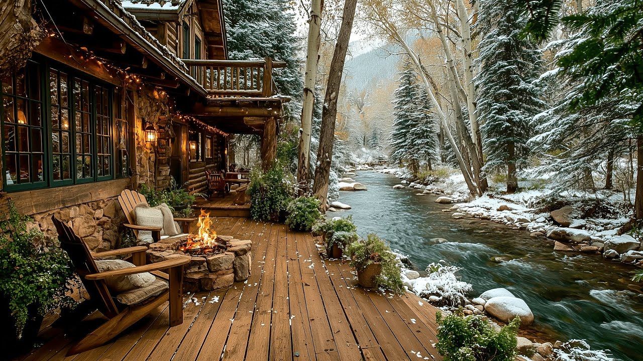 Peaceful Winter Riverside Cabin Porch Campfire & Nature sounds Ambience