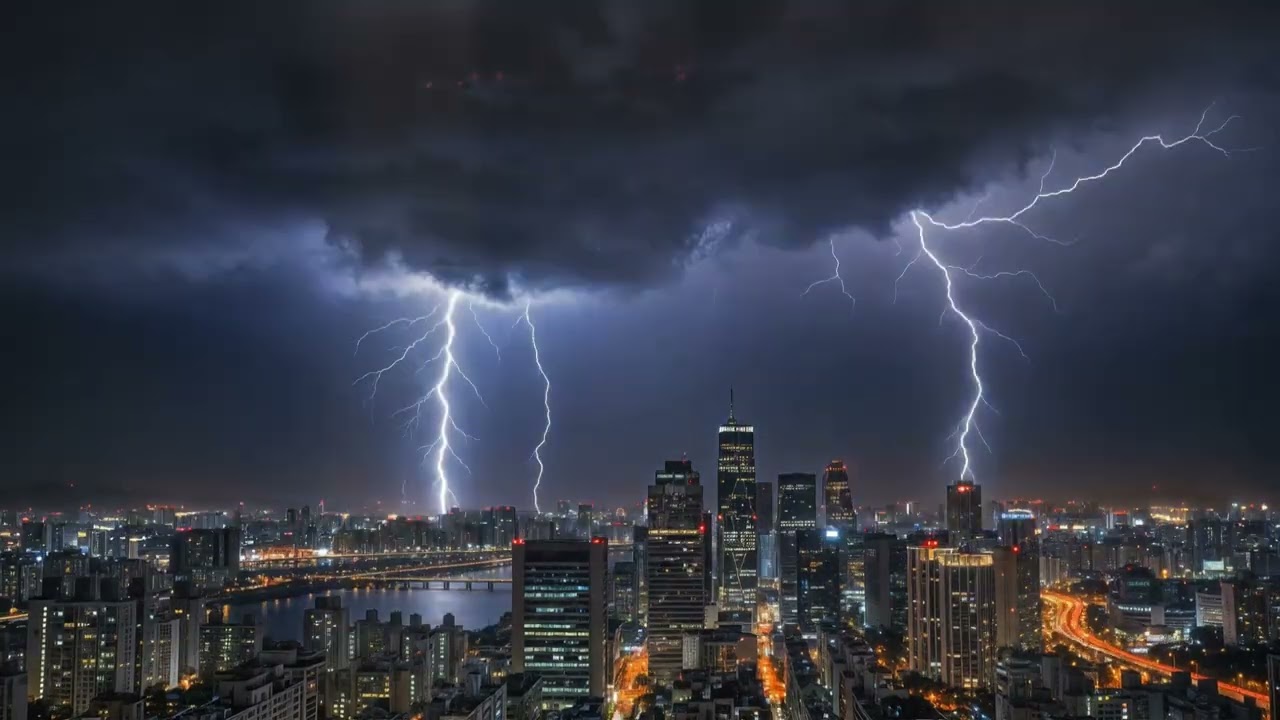 Seoul – Thunderstorm Over High-Rise Skyline | Stormy City Ambience ⛈️🌃