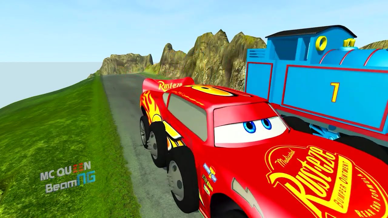 Big & Small Lightning Mcqueen with Monster Truck Wheels vs Thomas Trains Eater | BeamNG.Drive