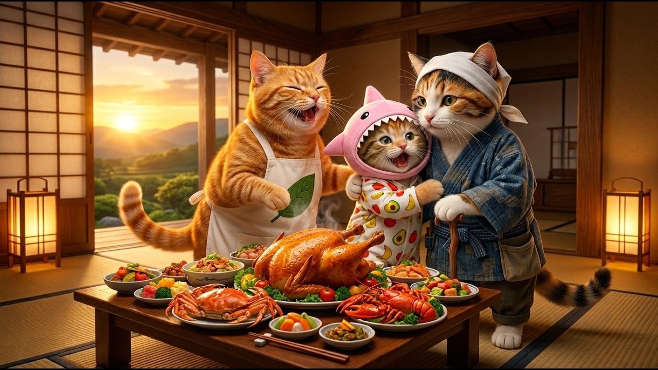 Mama Cat & Ginger Kitten Visit Grandma’s Farm — Grandma’s Secret Feast 🍗🦀