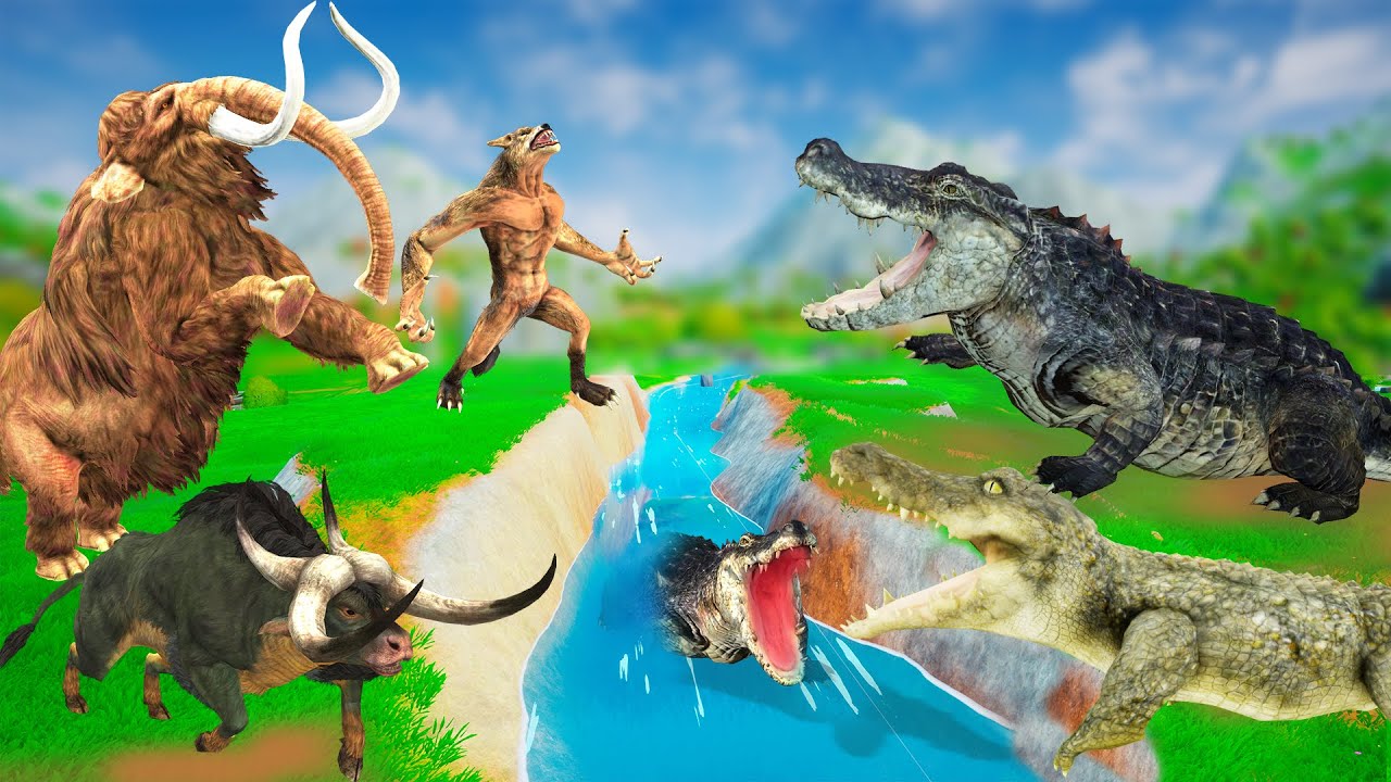 3 Zombie Crocodiles Vs Giant Bulls & Mammoth Fight Zombie Wolf Saves Bull from Crocodile Attack