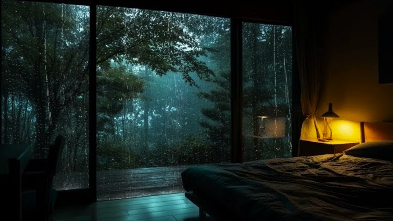 Night Rain Tapping on Cabin Window 🌧️ Warm Forest Bedroom Ambience for Deep Sleep & Focus
