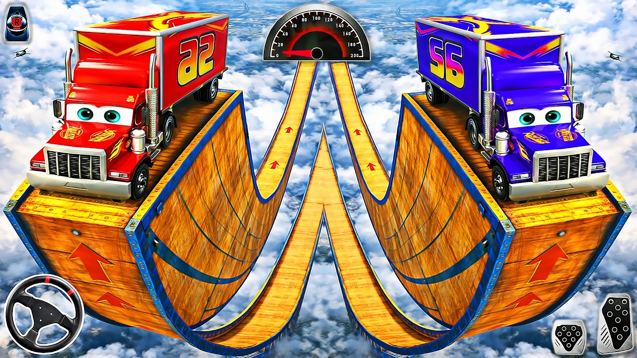 Vertical Mega Ramp Transform Racing 3D - Lightning McQueen and Mack Stunts Race | Android Gameplay