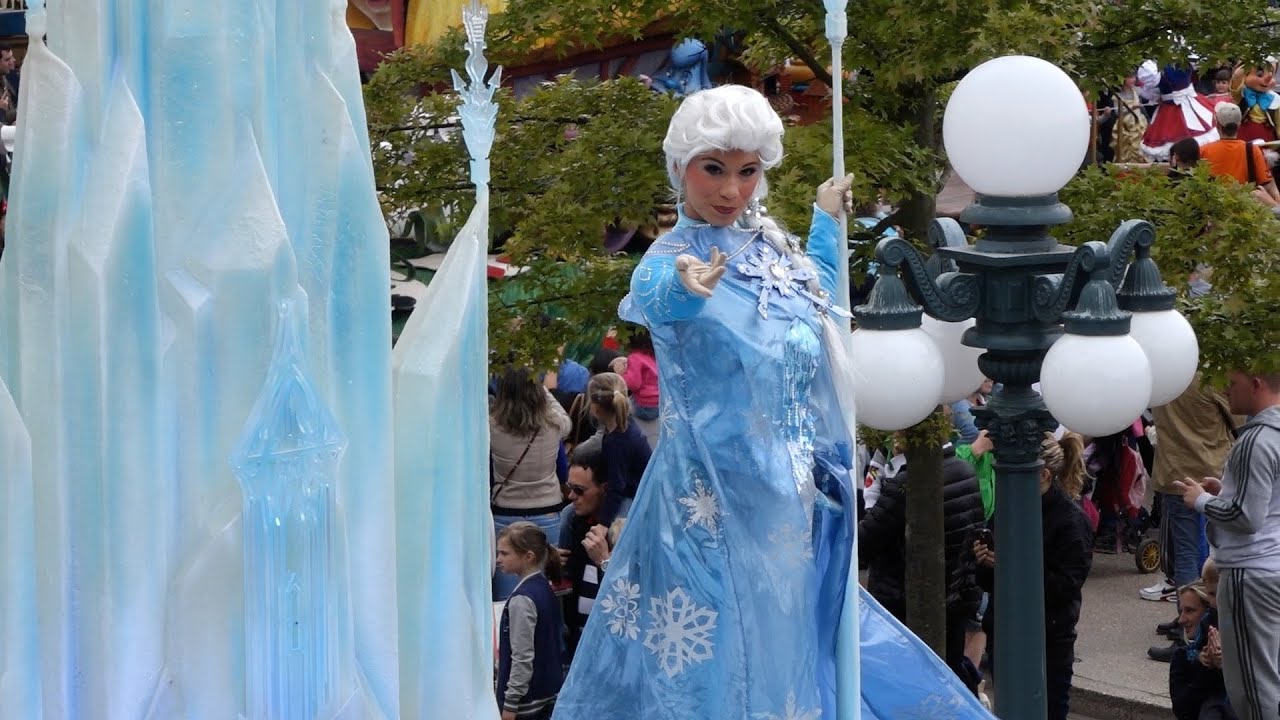 Disney Magic on Parade from a high camera angle including Frozen float at Disneyland Paris