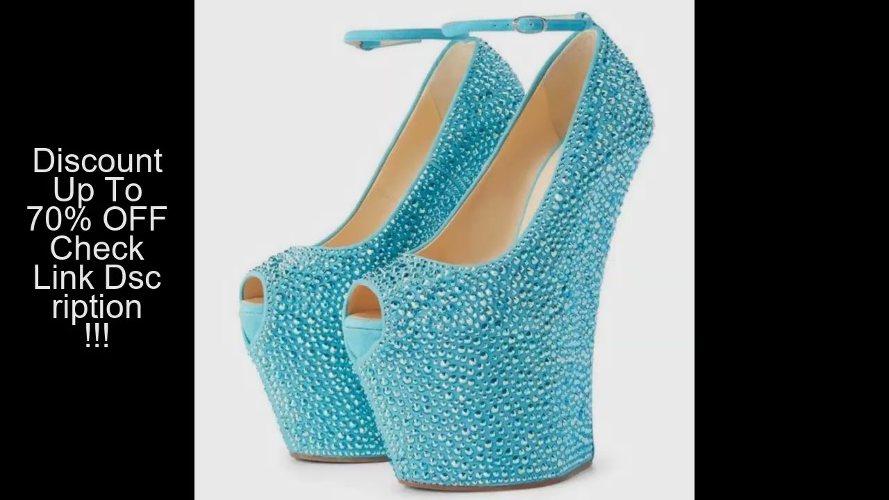 DIZHUANG Sexy women's high heels Sky blue suede high heels About 20cm heel height No heel rhinestone