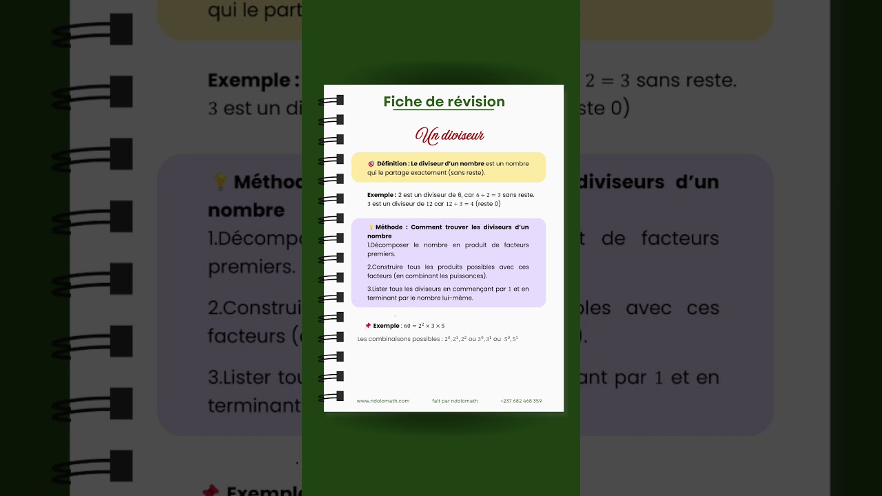 Fiche de r&eacute;vision sur les diviseurs👩🏽&zwj;🏫📚 #maths #math #fichederevision  #r&eacute;vision #Ndolomath