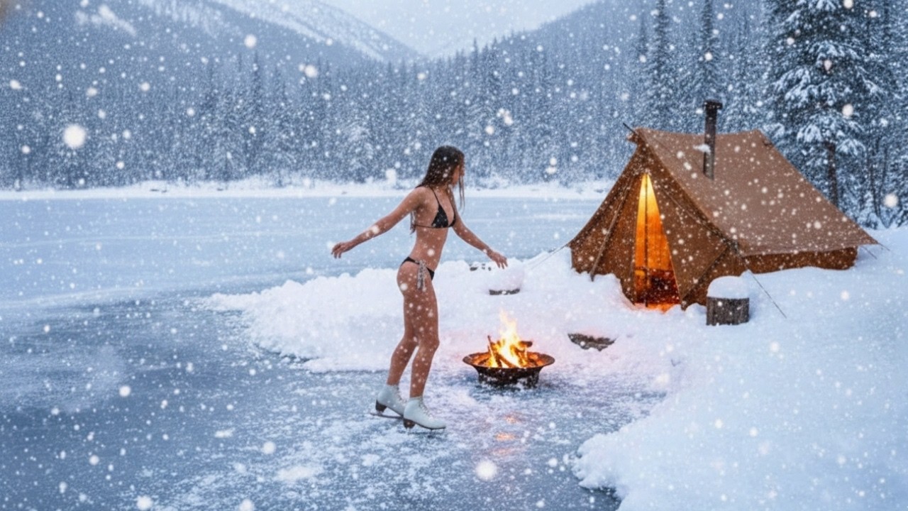 Girl Solo Camping ⛸️Gliding on Ice — Camping on a Frozen Lake in Winter  | Nature ASMR