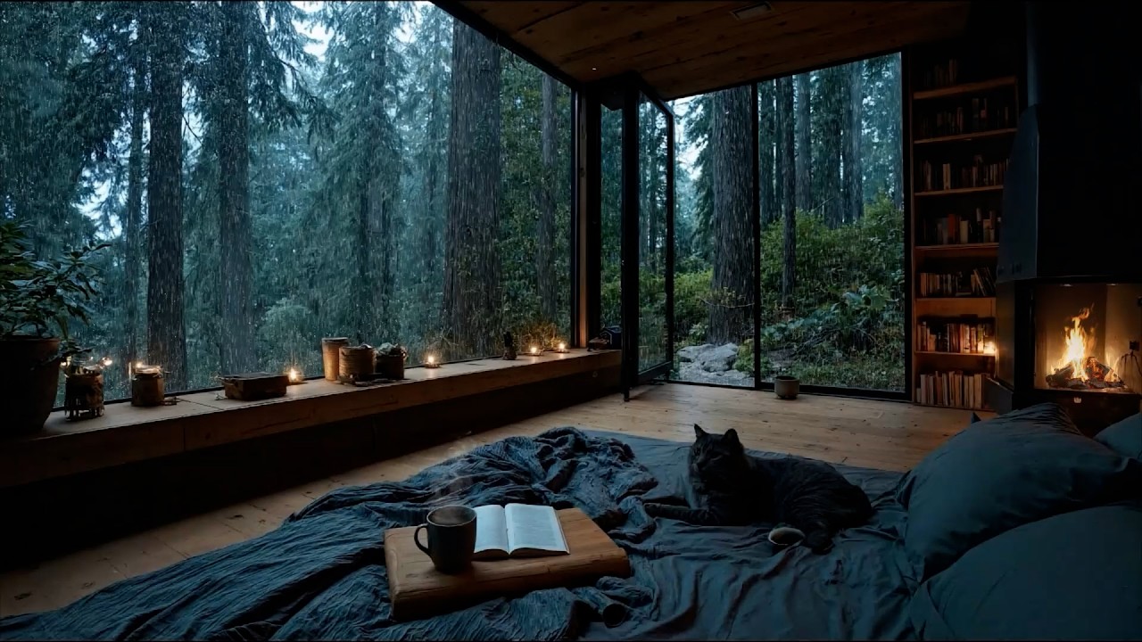 Дождливая фортепианная хижина 🌧️ Уютный камин, музыка для сосредоточенной работы во время учебы