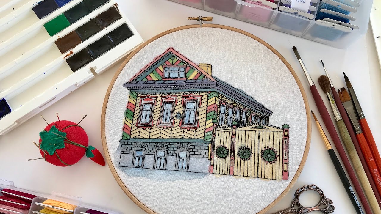 Watercolor and embroidery. Time lapse of Kazan house project