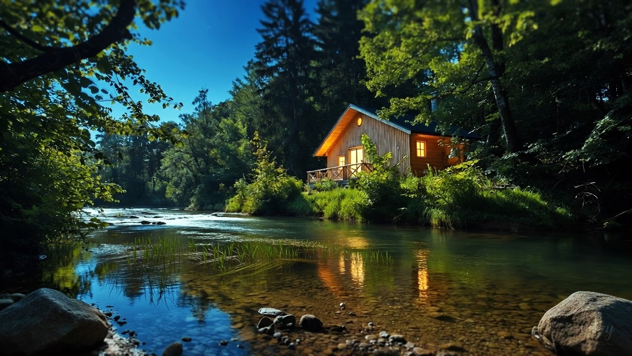 🌿 Cozy Cabin by River at Sunset Relaxing ASMR Sleep