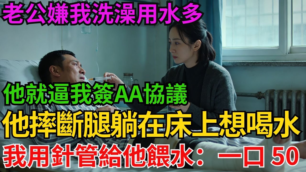 老公嫌我洗澡用水多，他就逼我簽AA協議！，直到他摔斷腿躺在床上想喝水，我拿著針管給他餵水：一口 50，先轉賬再餵水【阿馨夜讀】#故事分享#情感#婆媳矛盾#AA制