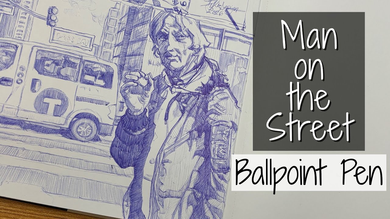 Man On The Street Scene - Ballpoint Pen