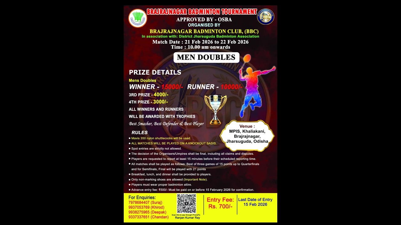 BRAJRAJNAGAR BADMINTON TOURNAMENT 2026, DIST-JHARSUGUDA