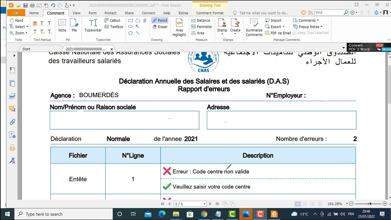 DAS (rapport d'erreur code centre non valide)/ CNAS.