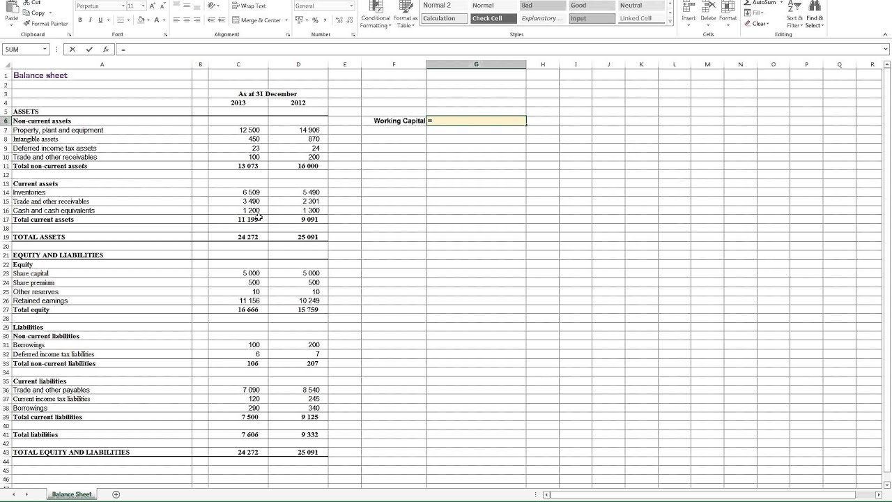 Calculating Working Capital in Excel
