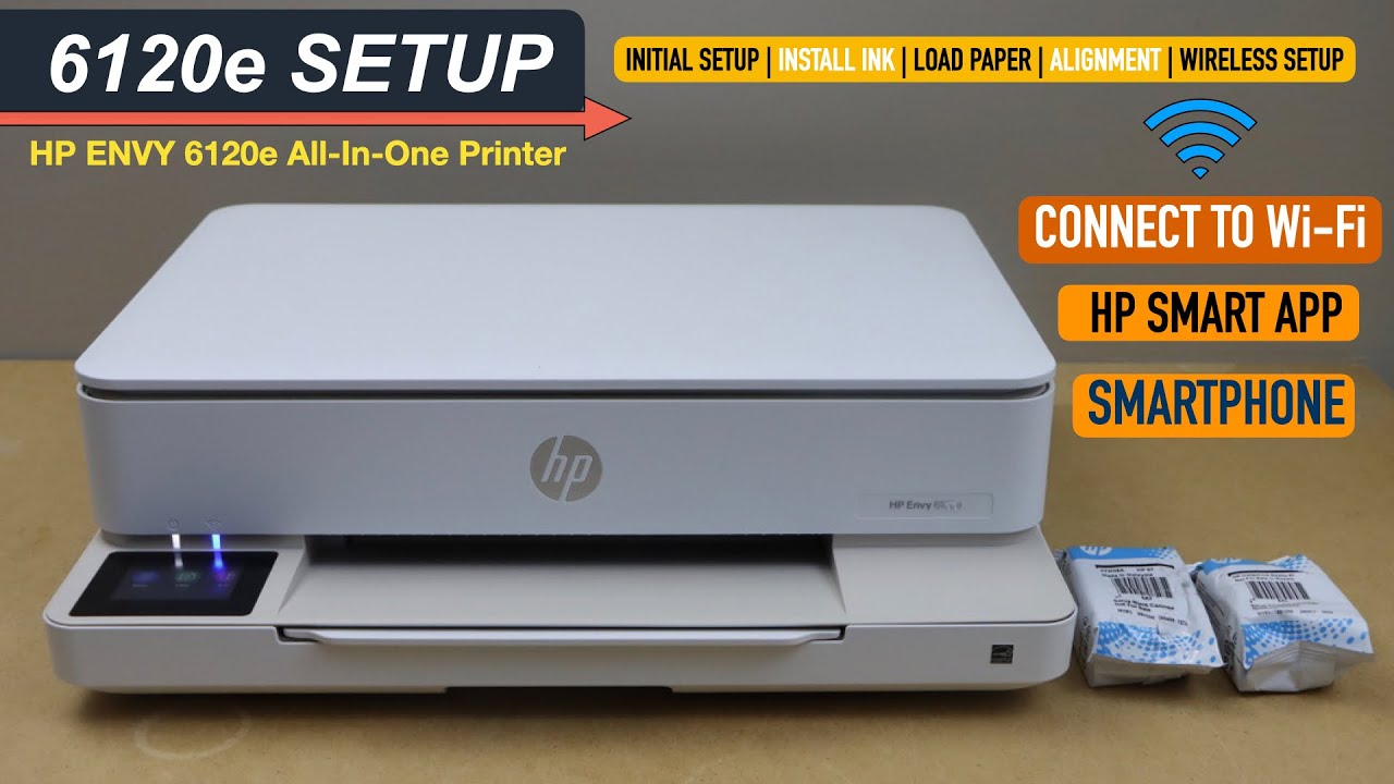 Настройка принтера HP Envy 6120e, установка чернил, загрузка бумаги, настройка беспроводной связи...