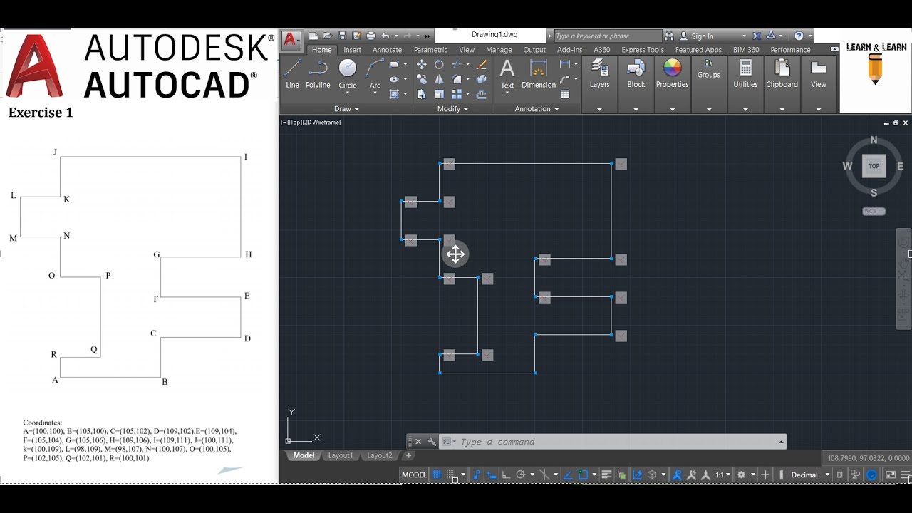 AutoCAD practice exercise 1 ll Based on Coordinate system ll By Learn & Learn