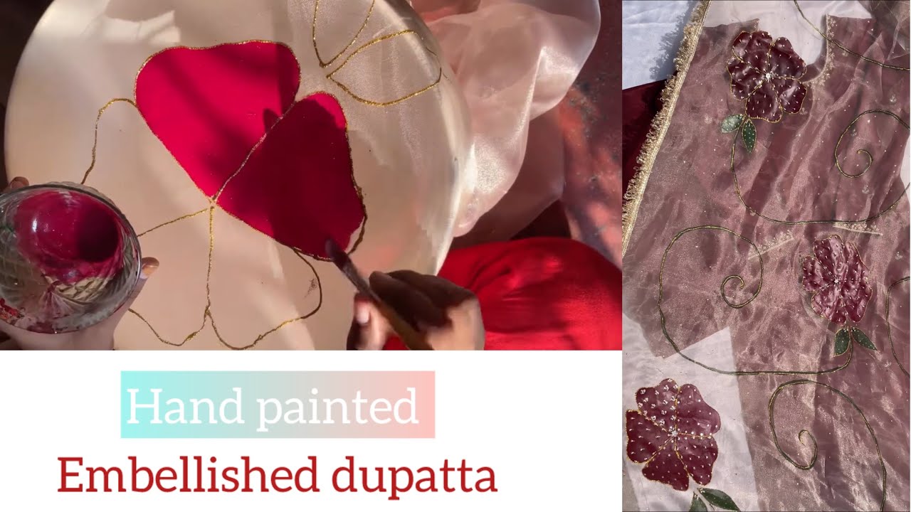 Hand painted Embellished dupatta✨organza dupatta Designing ✨handwork dupatta designing#virel dupatta