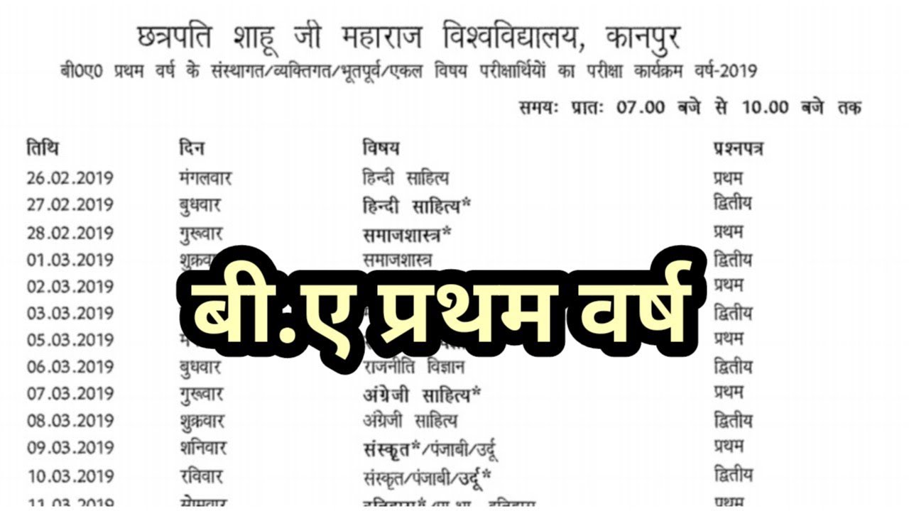 csjm Kanpur University BA First  year  Scheme 2021, time table 2021