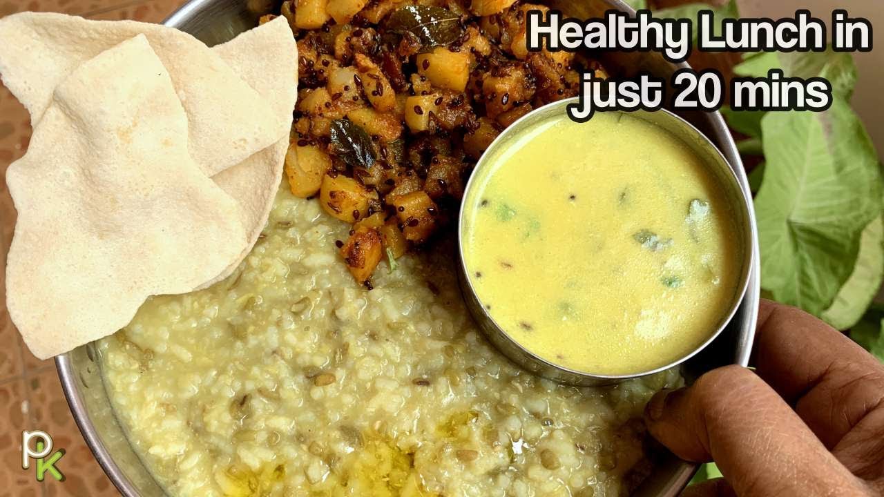 Simple Lunch in 15 minutes-Lunch Menu Ideas-Gujarathi Khichdi-Kadhi-Dry Potato Curry-Quick Lunch
