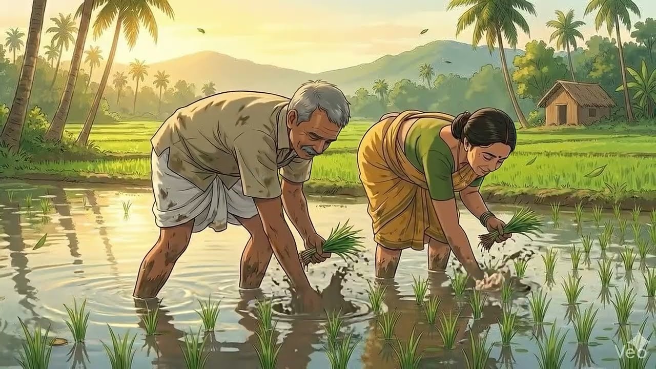 Peaceful day of Indian farmer and his wife
