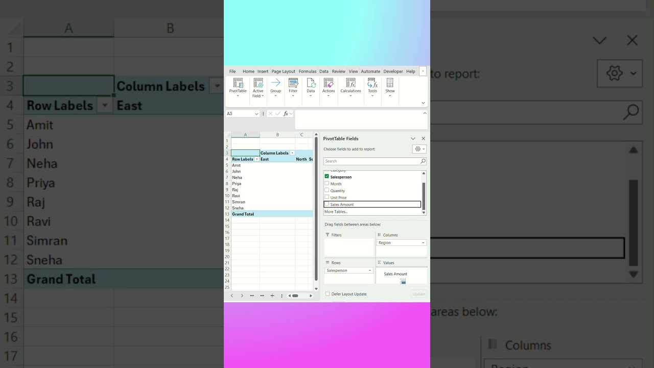 &ldquo;Sales Report in 60 Secs with Pivot Table! ⚡ #ExcelShorts&rdquo; #exceltips #pivot_table #salesreport