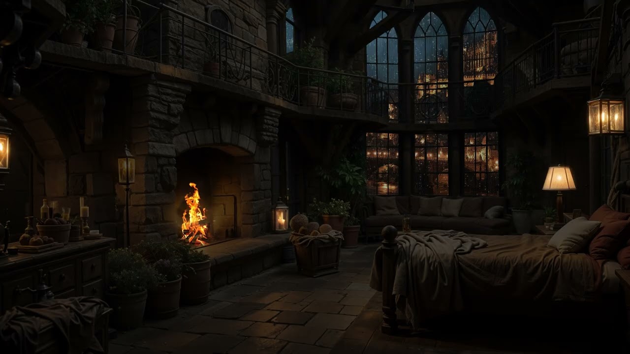 Ancient Castle Rain at Night 🏰 Soft Fireplace Light and Stone Hall Echoes for Total Relaxation