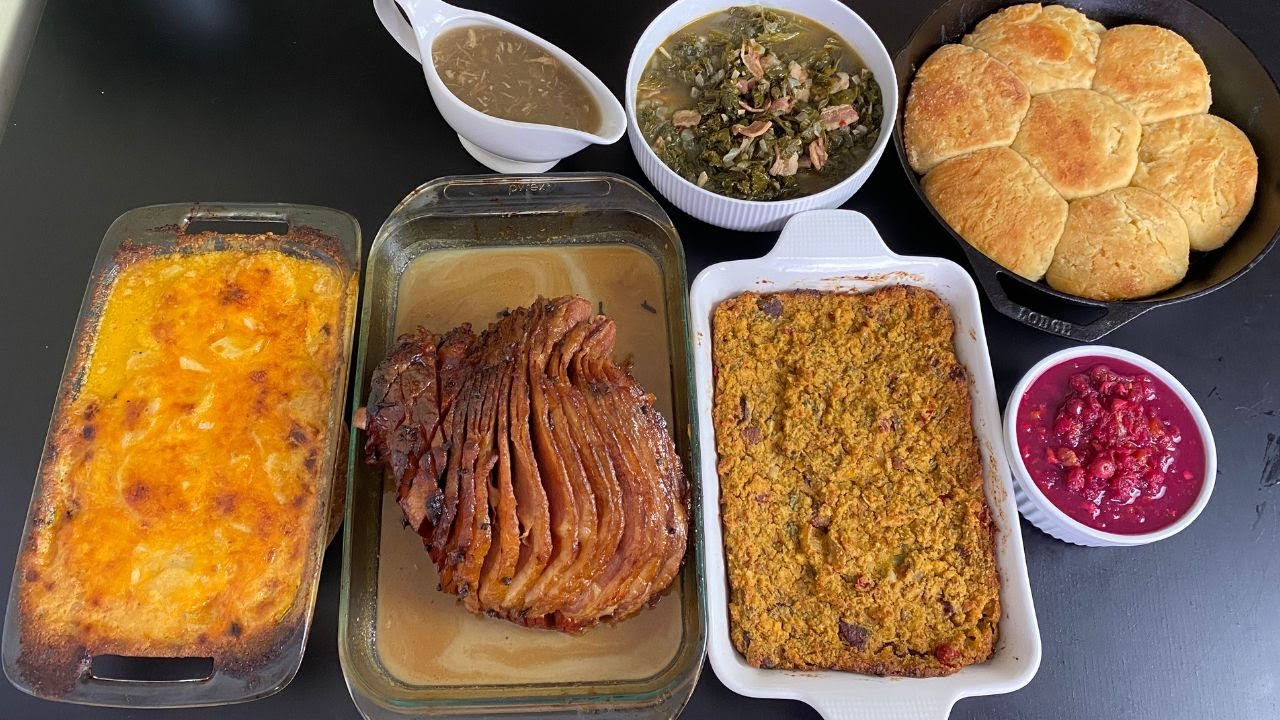 Brown Sugar Ham, Scalloped Potatoes, Sausage Dressing, Cranberry Relish, Greens #SoulFoodSunday
