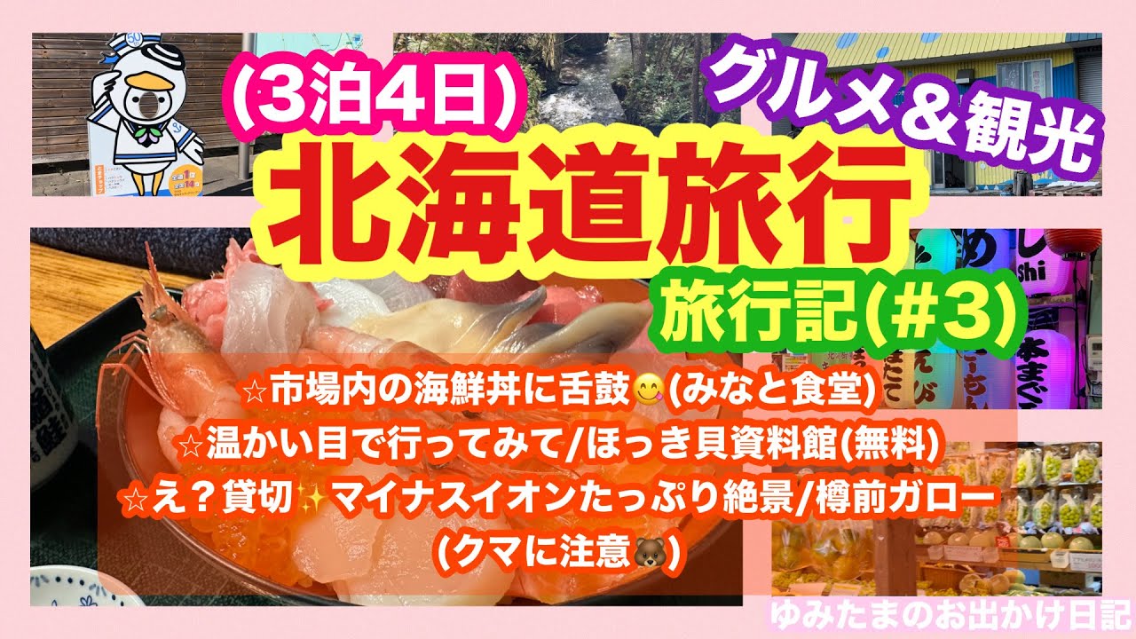 【北海道旅行￼-3泊4日-(#3)】⭐︎グルメ&観光⭐︎市場内の絶品海鮮丼に舌鼓😋⭐︎ほっこりしちゃう”ほっき貝資料館(無料)⭐︎マイナスイオンに癒されて穴場の観光地(贅沢貸切🤩)/熊に注意🐻#北海道