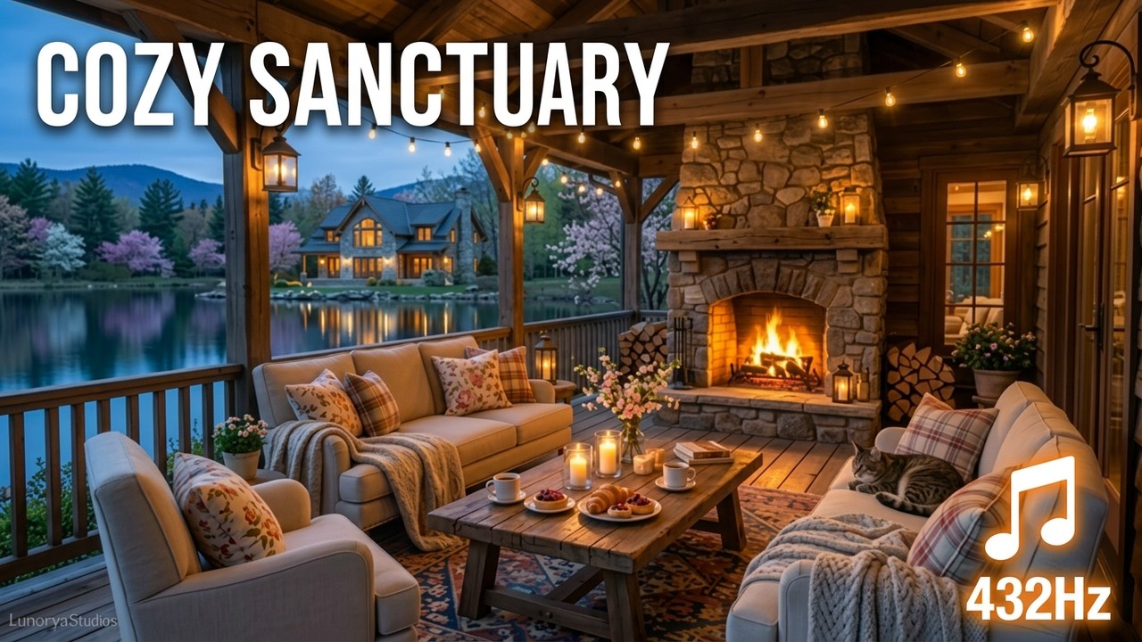 1 Hour Peaceful Spring Patio Ambience 🔥 Lakeside Cabin with Gentle Fire Sounds & Nature