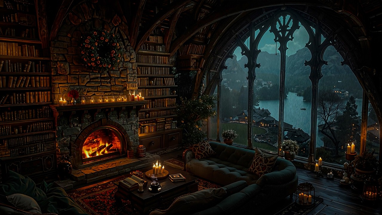 Rain Falling Outside a Quiet Library Window | Dark Academia Atmosphere for Reading & Writing