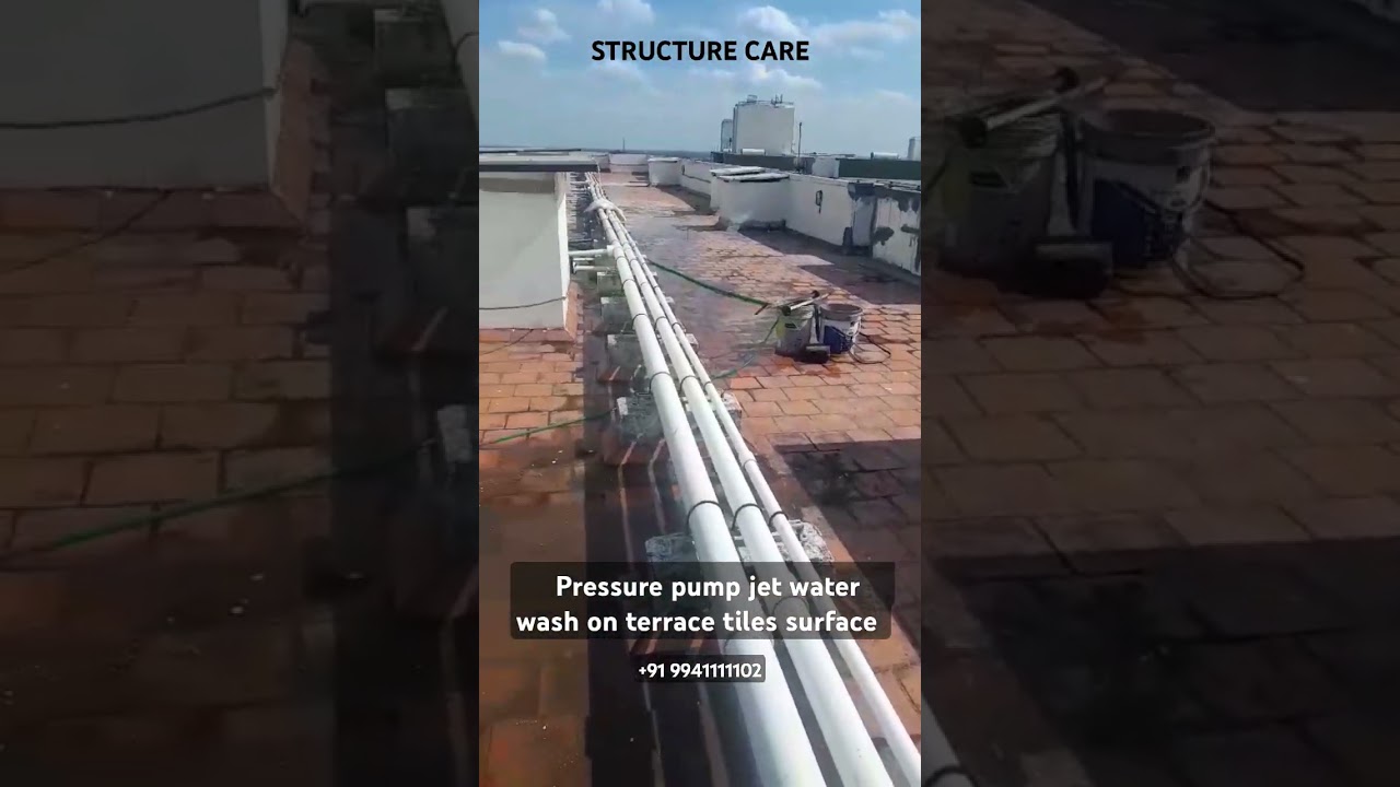 Pressure pump jet water wash on terrace surface 