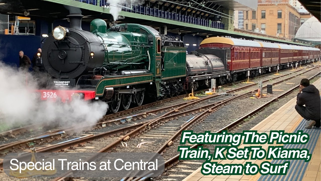 Train Spotting Vlog 31: Special Trains At Central - Picnic Train, K Set to Kiama, Steam to Surf