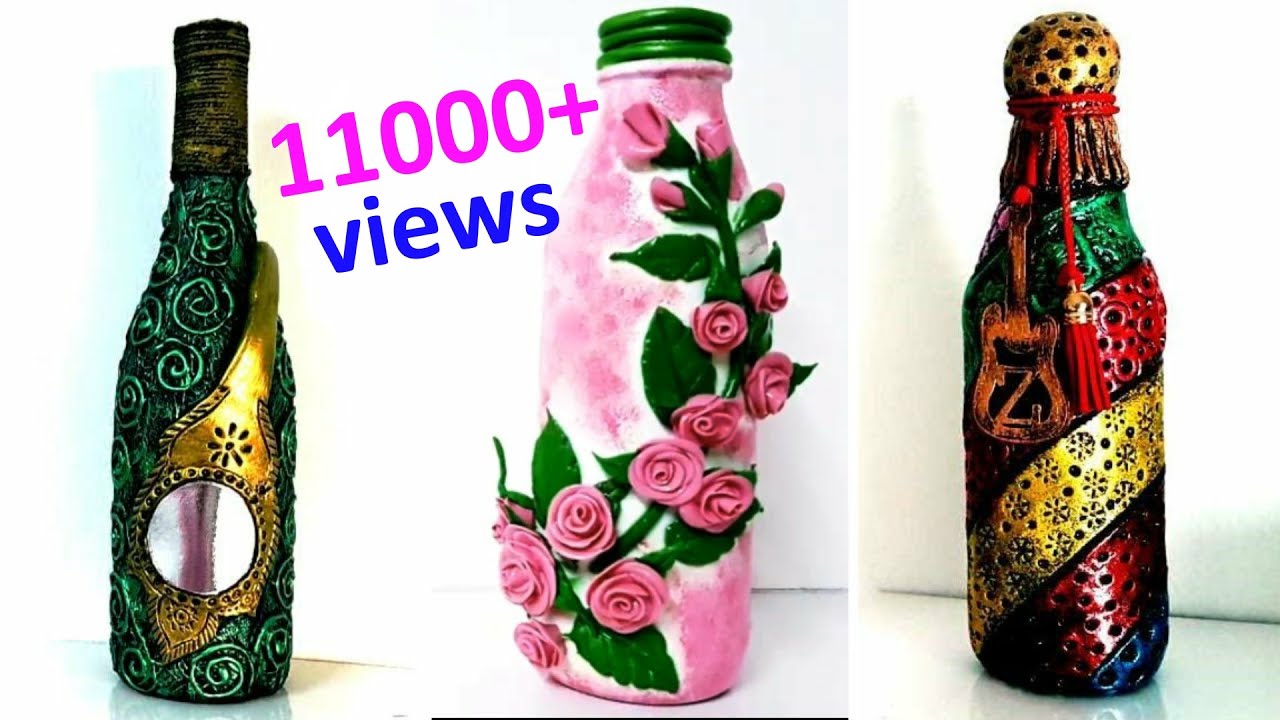 3 Bottle Decoration ideas | Clay Art on Glass Bottles |  Niviz Ep 34