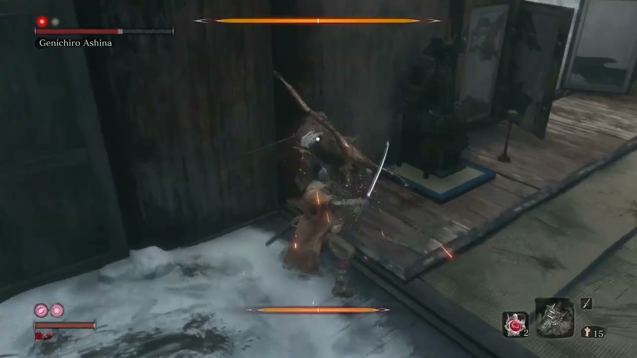Genichiro no damage (base damage/demon bell/no kuros charm/sword only/no lightning reversal/perfect)