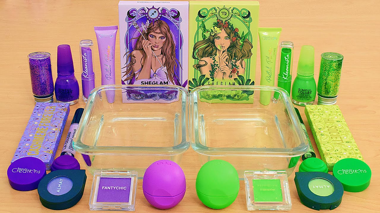 Purple vs Green - Mixing Makeup Eyeshadow Into Slime ASMR