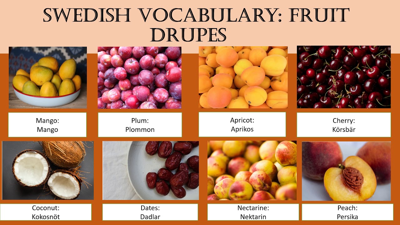 Words in Swedish: fruits/ ord på svenska: frukt