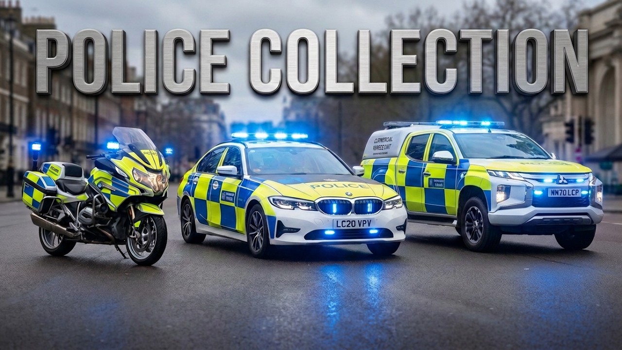 Police motorbikes and traffic cars emergency lights + sirens in London [collection]