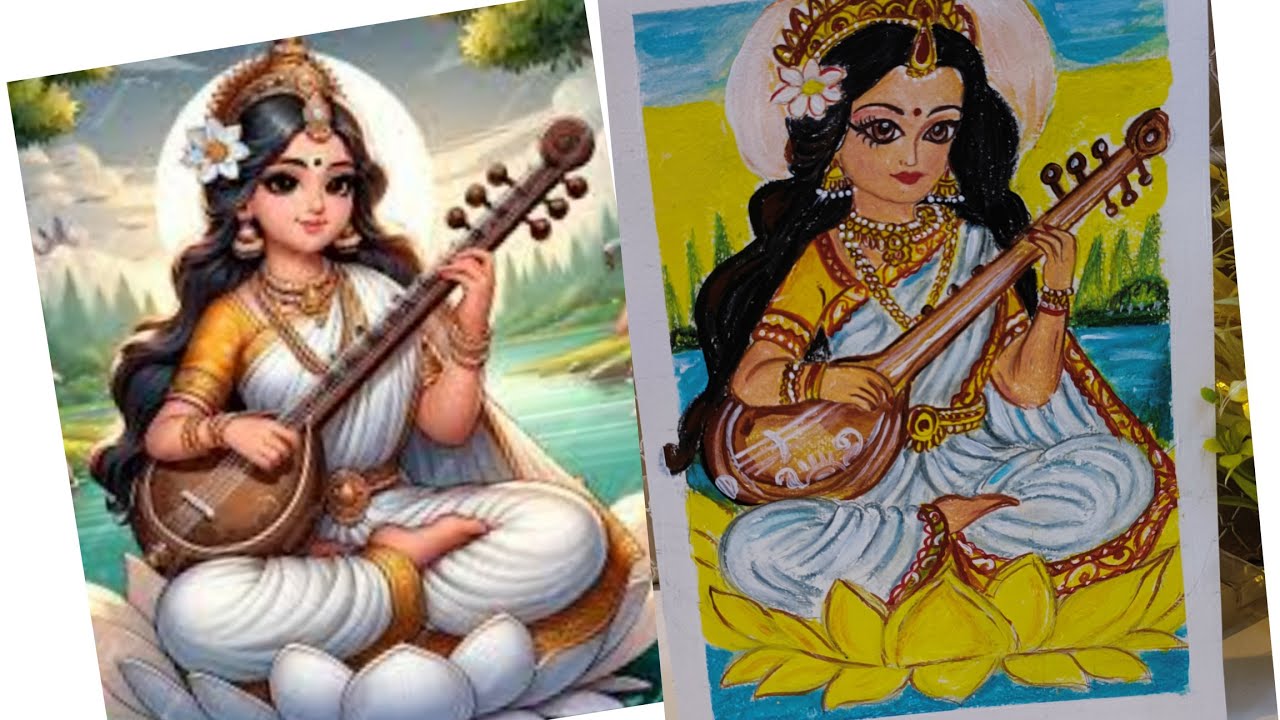 Saraswati maa drawing with oil pastel#easy to draw Saraswati maa with oil pastel