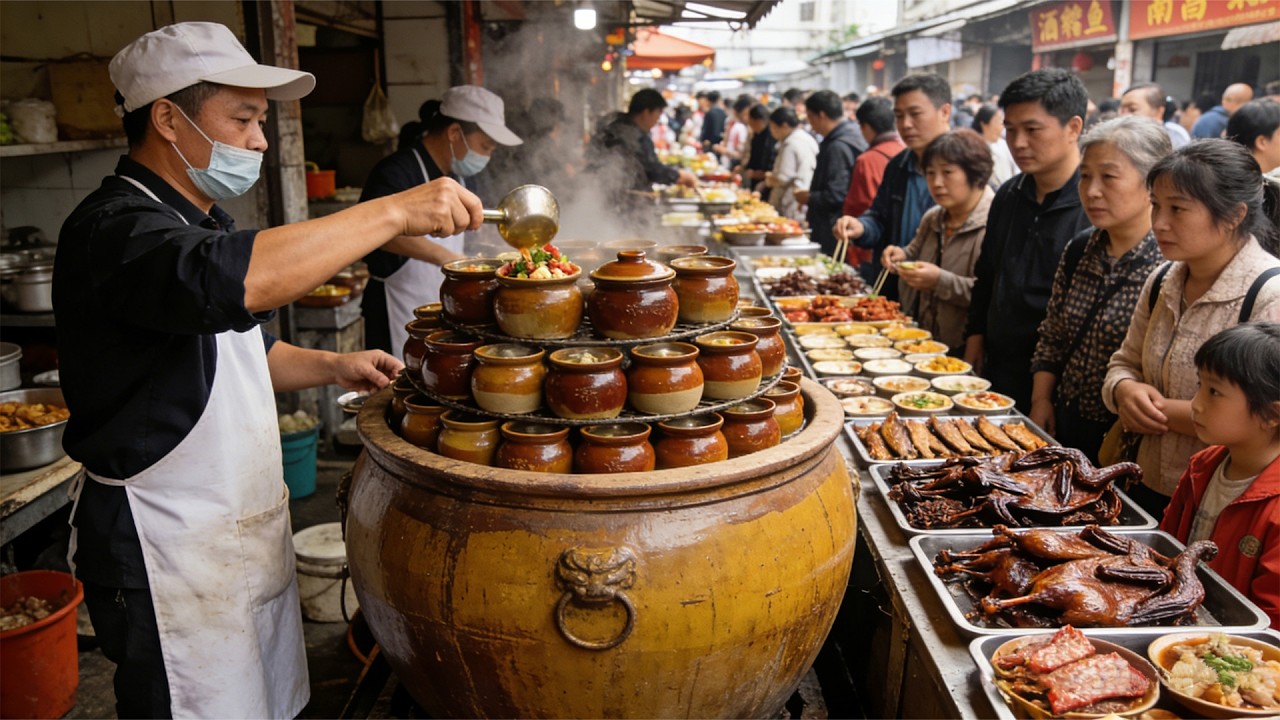 中国江西南昌火爆传统市场与最受欢迎的美食街，耗费7个小时制作的瓦罐煨汤，老南昌冰糖糕，白糖糕，酱板鸭，干拌米粉与猪血粉，油炸皮蛋与香蕉，老南昌水煮，手撕烤鸭，烧饼，香煎毛豆腐，热闹非凡！