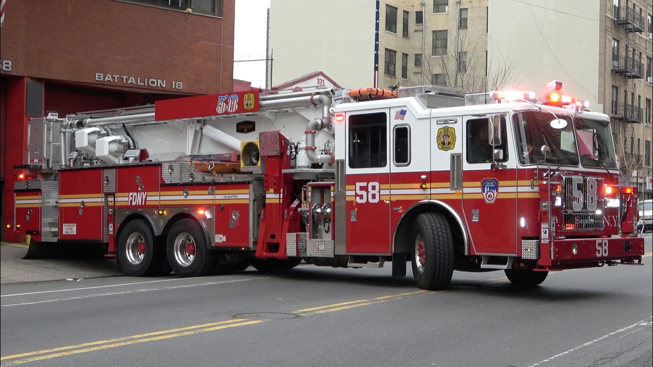 FDNY Engine 45, *NEW* Tower Ladder 58, & Battalion 18 (Trial Vehicle) Responding