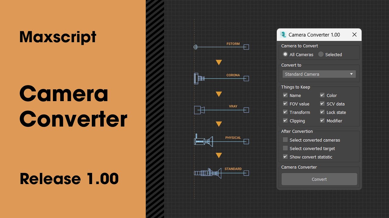 Camera Converter 1.00 &mdash; Convert from Fstorm, Corona, Vray, Standard and Physical Camera to Another