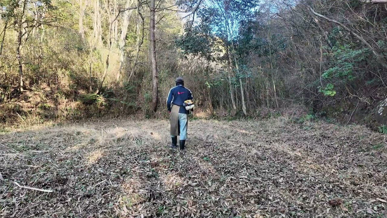 耕作放棄地（東：終了）、25㏄エンジン草刈り機、ジズライザープロエア、ナイロンコード2本、やはり地面に笹竹が残ていて切れる！