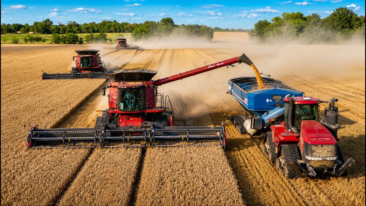 4 комбайна Case IH на уборке пшеницы в Кентукки | Двойной посев сои