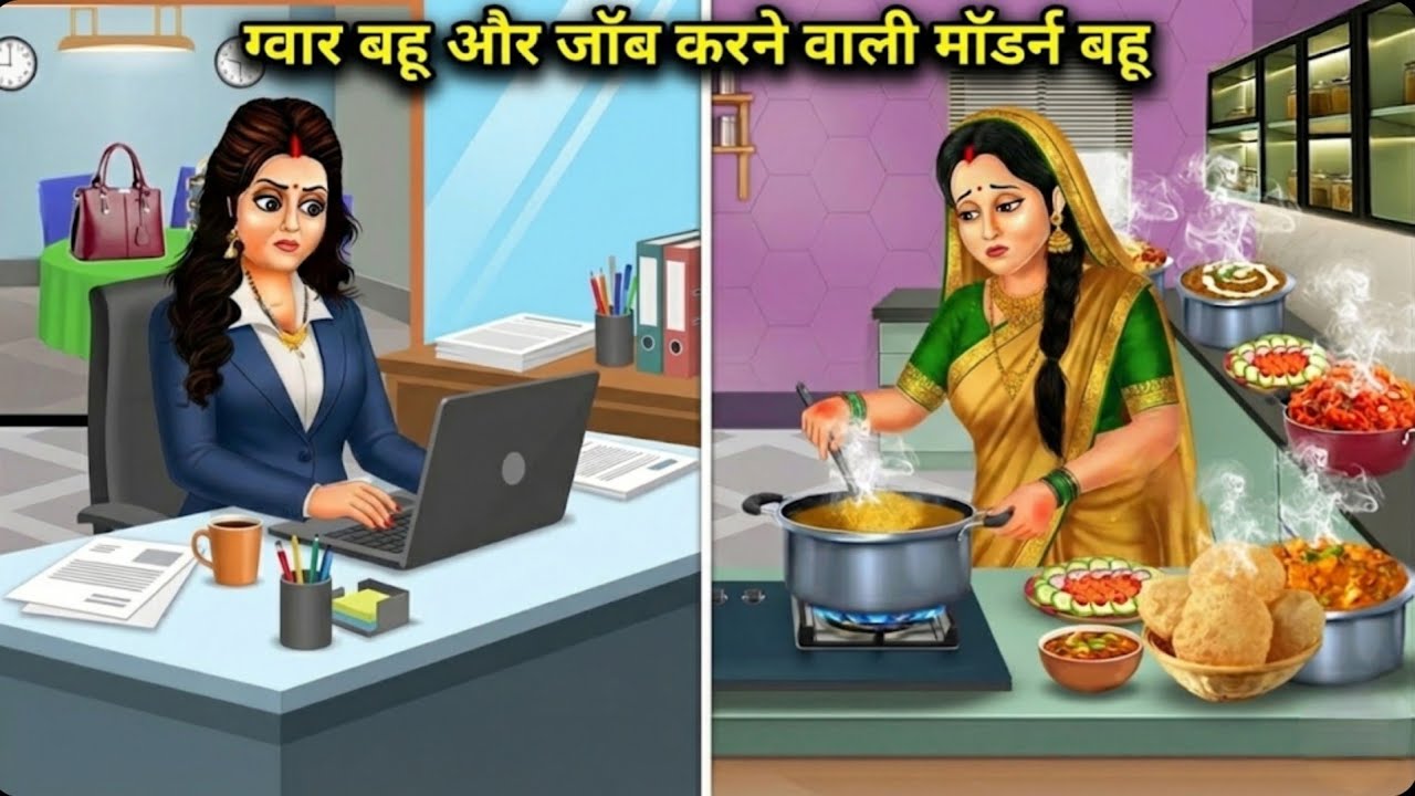 ग्वार बहु और जॉब वाली बहु का टकराव😂🥰 | Hindi Moral Stories #HindiStories #cartoonSaasBahu 