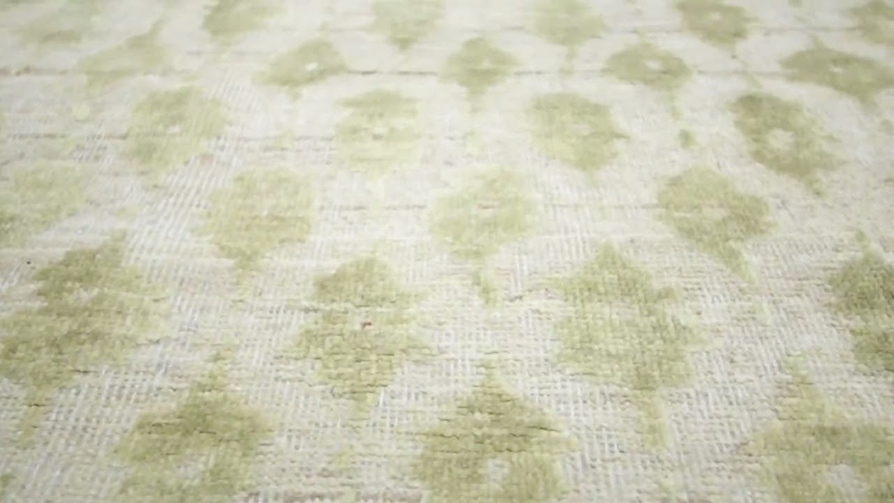 Rug & Kilim&rsquo;s Block Print Rug with Sage Green Florals on Ice-Blue & Silver Field -35406