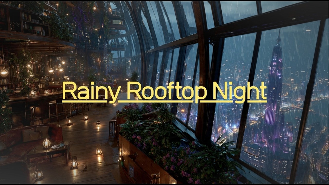 Rainy Rooftop Bar at Night 🌧️🌃 | 5 Hours City Rain Ambience | Relax, Study, Sleep
